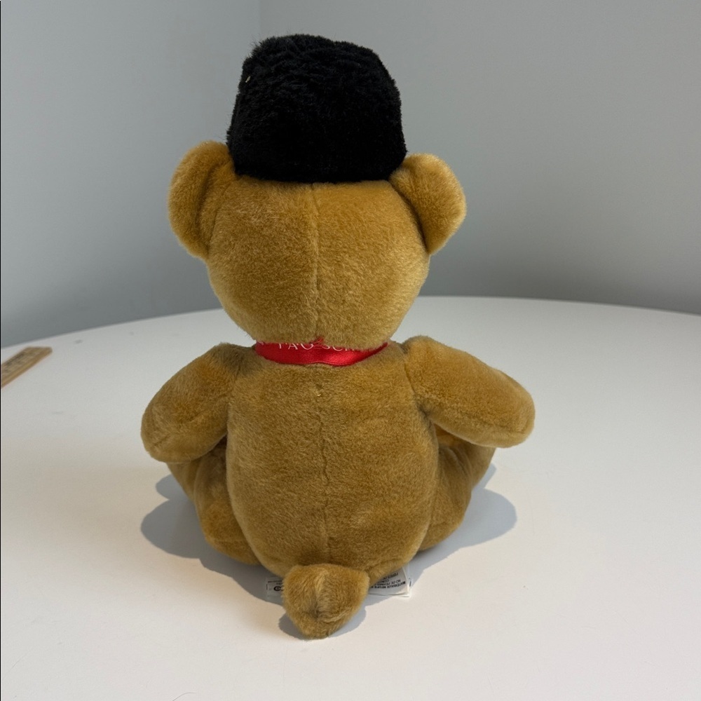 FAO Schwarz Tan Teddy Bear with Black Hat and Red Ribbon - Picture 2 of 5